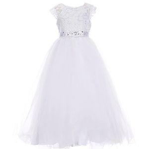 Poppies & Roses Big Girls Cap Sleeve Jeweled Waist Lace-To-Tulle Dress